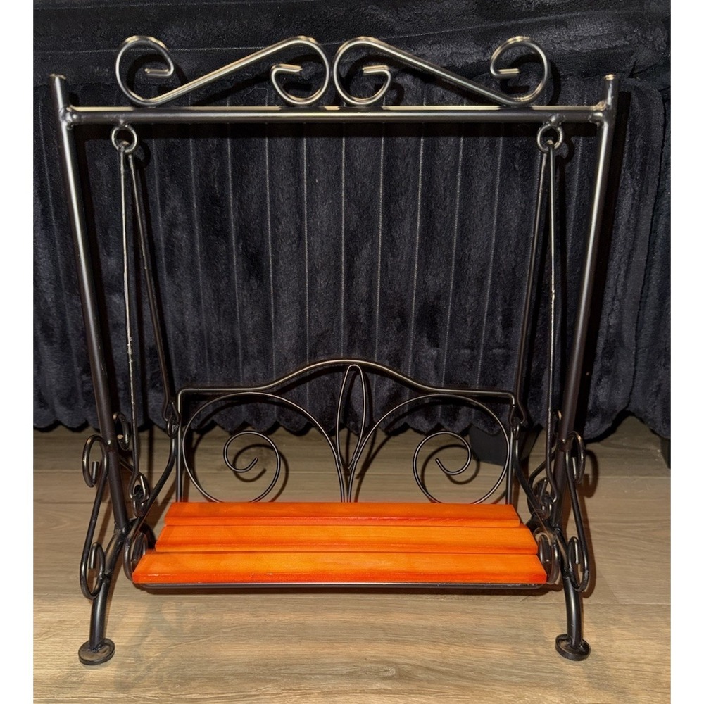 Wrought Iron 12" Doll Swing Wood Slat Seat Black Garden Barbie Ornamental Decor